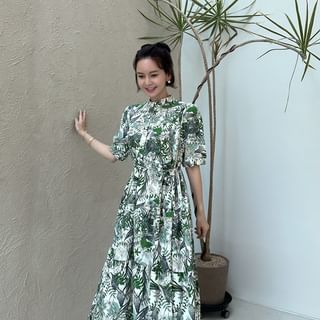 Lemite Mandarin-Collar Foliage Long Shirtdress with Sash Sale