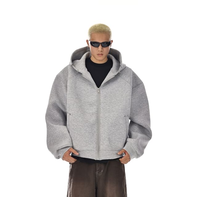 Meiksip-Hooded Plain Zip-Up Jacket