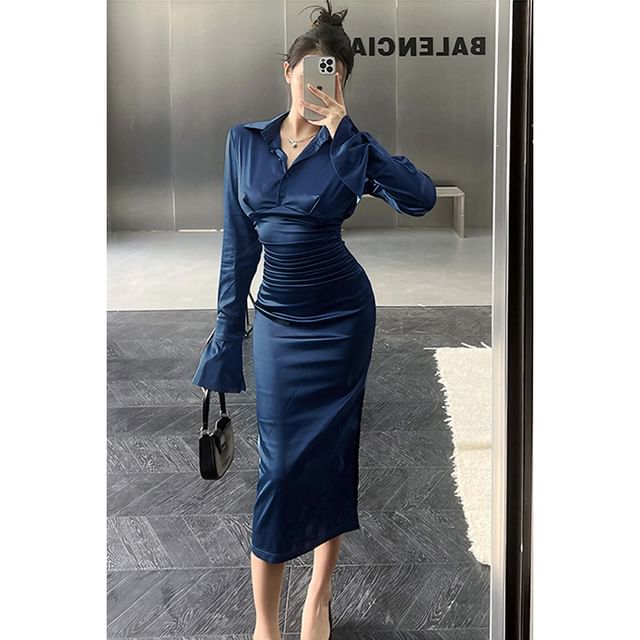 green emerald velvet dress Solid Flare Sleeve Lettuce Hem Bodycon Dress – Glamexpresstt main image 0