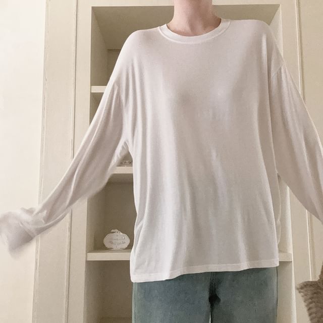 Glotto-Long Sleeve Round Neck Plain Top