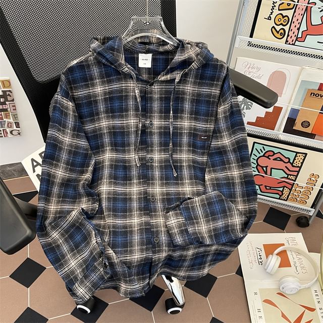 Plummie-Long-Sleeve Plaid Hooded Shirt