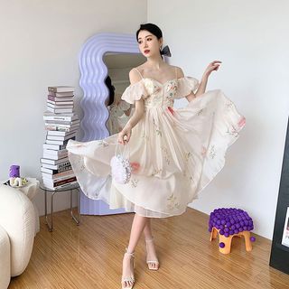 Arabesquito - Off-Shoulder Floral Midi Corset Dress