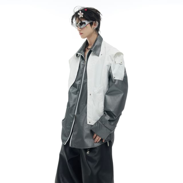 kooklay-Collared Panel Mesh Zip Jacket