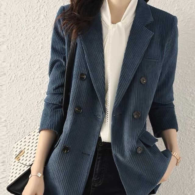 Jeonseon-Lapel Collared Corduroy Double-Breasted Long Blazer