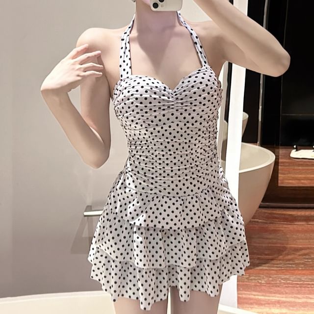 Melon Juice-Halter-Neck Dotted Mini Layered Swimdress