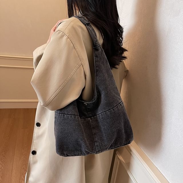 Hikuozy-Washed Panel Denim Tote Bag