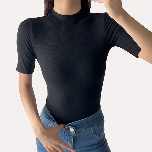 Ulark-Short-Sleeve Mock Neck Plain Bodysuit Top