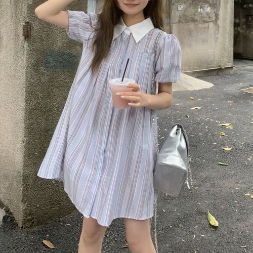 Yako - Puff-Sleeve Lapel Color Block Striped A-Line Mini Dress