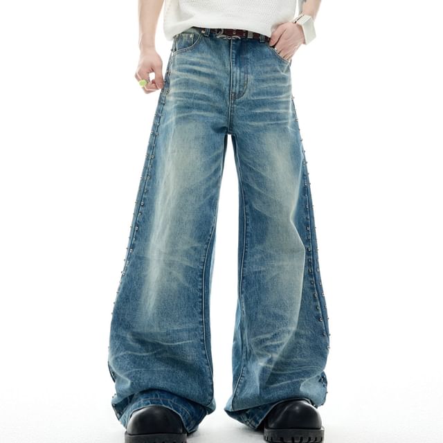 kooklay-Mid Rise Washed Flared Wide Leg Jeans