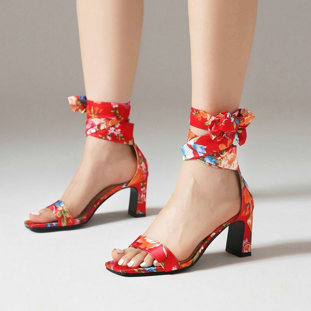 Megan Chunky Heel Square-Toe Floral Print Ankle Strap Sandals