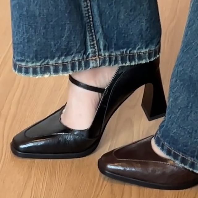 Karlao-Square Toe Panel Block Heel Mary Jane Pumps