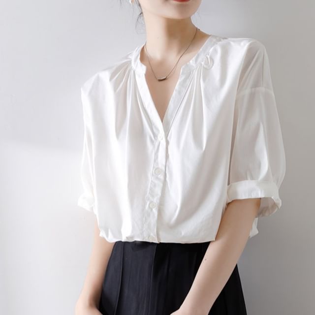 Odestra-Puff-Sleeve V-Neck Plain Button-Up Blouse