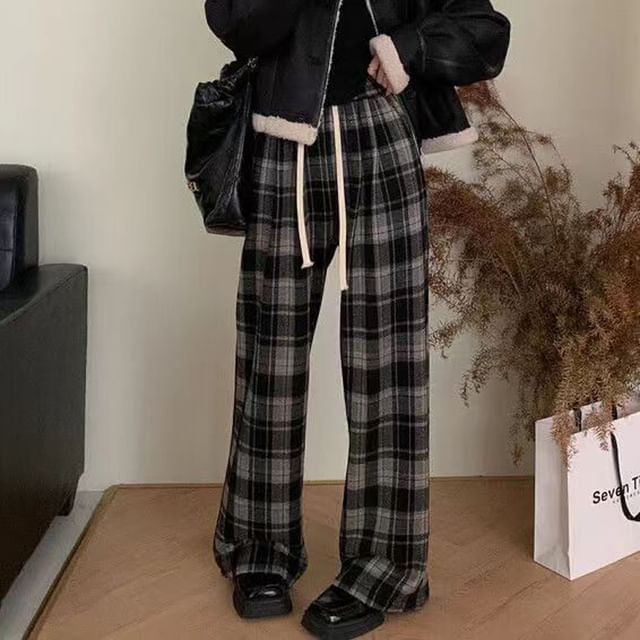 Everose-High Waist Plaid Wide Leg Pants