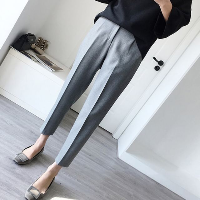 Muezz-High Waist Plain Cropped Straight Leg Slacks