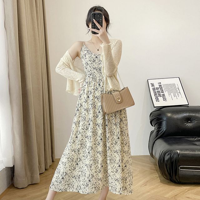 Empressa - Maternity Plain Cardigan / Spaghetti Strap Floral Midi A-Line  Dress | YesStyle