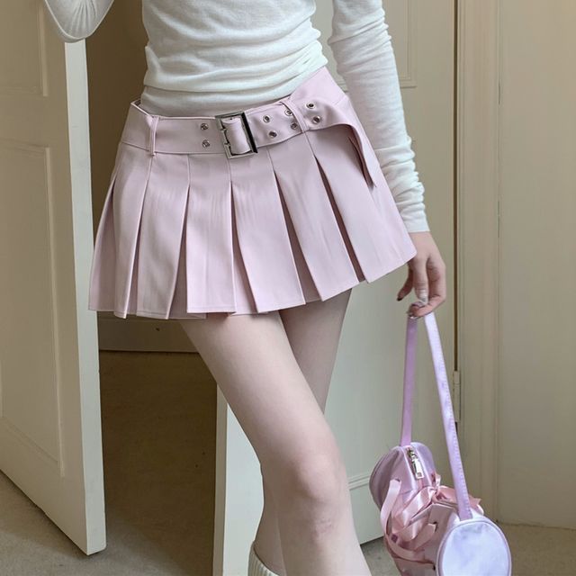 Gilmort - Low Rise Plain Pleated Mini Skirt | YesStyle