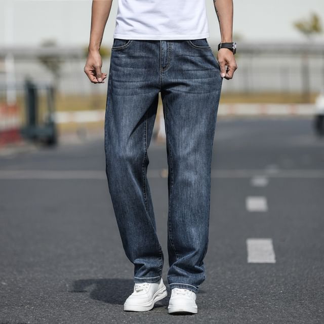Denimic-Mid Rise Washed Straight Leg Jeans