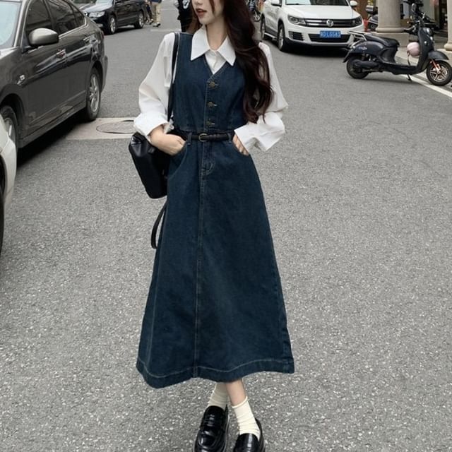 Flowerisque Long-Sleeve Plain Shirt / Denim Midi A-Line Overall Dress with Belt blue/denim M Flowerisque - Long-Sleeve Plain Shirt / Denim Midi A-Line Overall Dress  with Belt | YesStyle