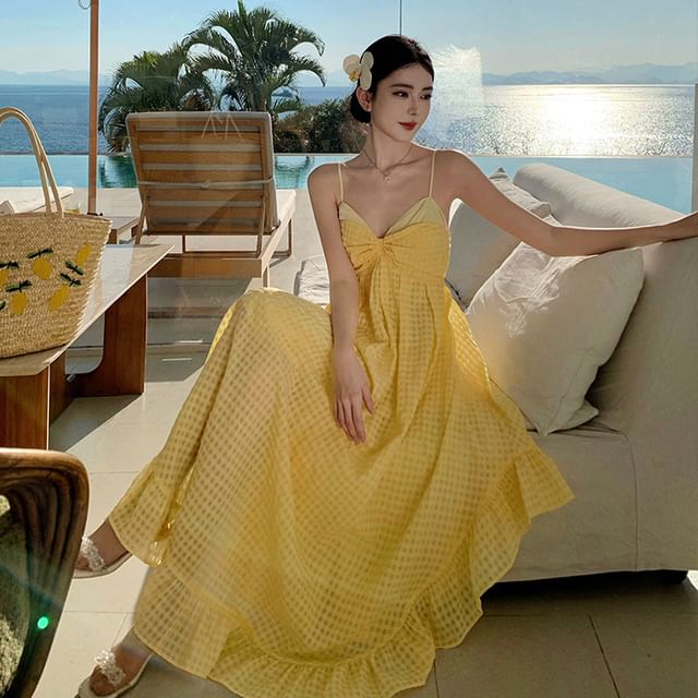 Moanum - Spaghetti Strap V-Neck Ruffle Trim Maxi A-Line Dress | YesStyle Moanum - Spaghetti Strap V-Neck Ruffle Trim Maxi A-Line Dress | YesStyle