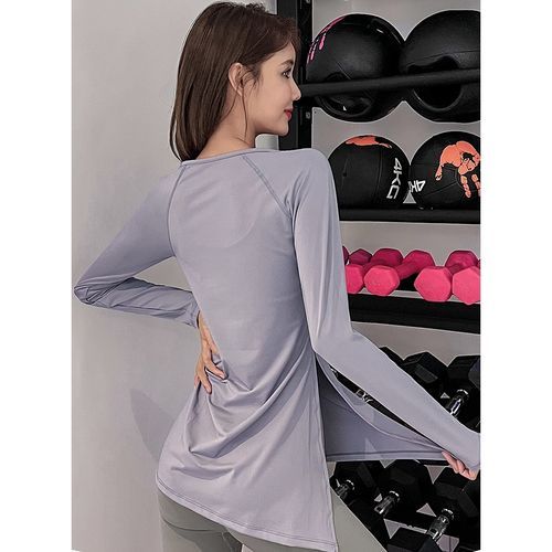 Women Crew Neck Long Sleeve Pullover Top Solid Color Hem Ripped
