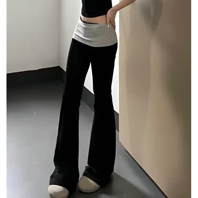 evanesce-High Rise Plain Two Tone Flared Pants
