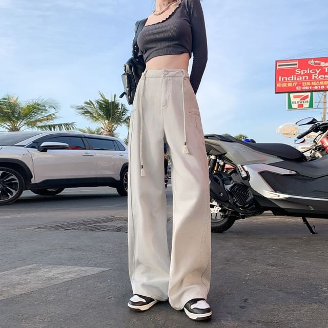 Denimot-High Waist Plain Baggy Pants