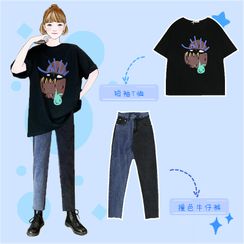 Pisang - 印花短袖T裇 / 双色九分直身牛仔裤 Pisang - 印花短袖T裇 / 双色九分直身牛仔裤