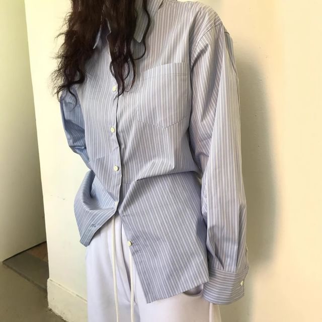 Tulstrix-Long-Sleeve Striped Pocketed Shirt
