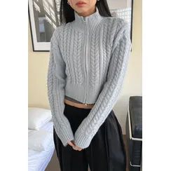 SIMPLY MOOD - Cropped Cable-Knit Zip-Up Cardigan