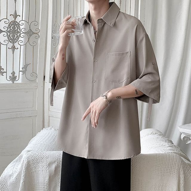 Bay Go Mall-Elbow-Sleeve Collared Plain Button Up Shirt