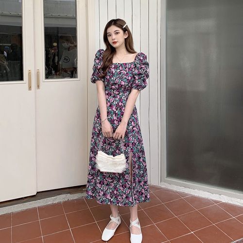 Puff Sleeve Square Neck Floral Slit Midi A Line Dress