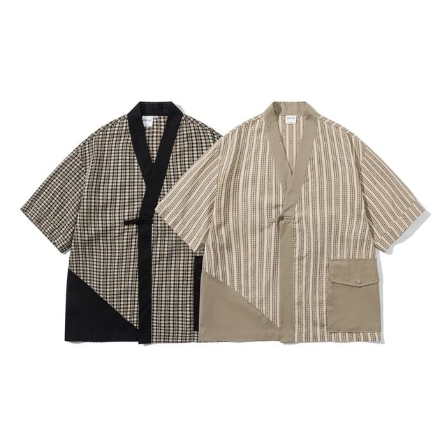 citybae-Patchwork Short-Sleeve V-Neck Kimono Jacket