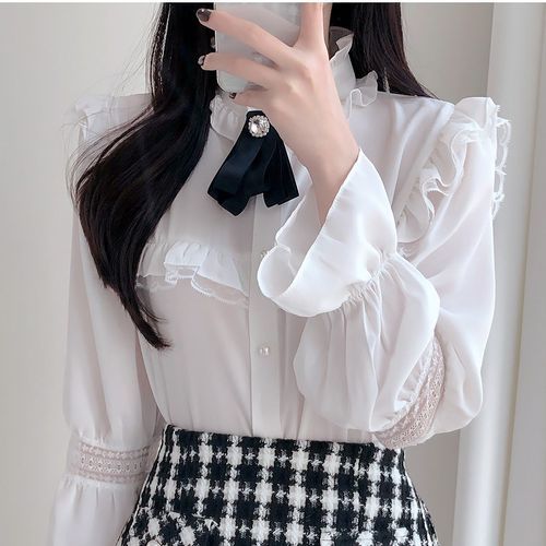 Lace Stand Collar Plain Standard Long Sleeve Blouse