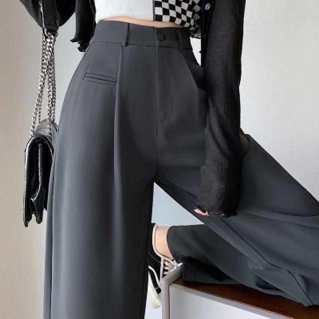 Jaqmine-High Rise Plain Wide Leg Slacks