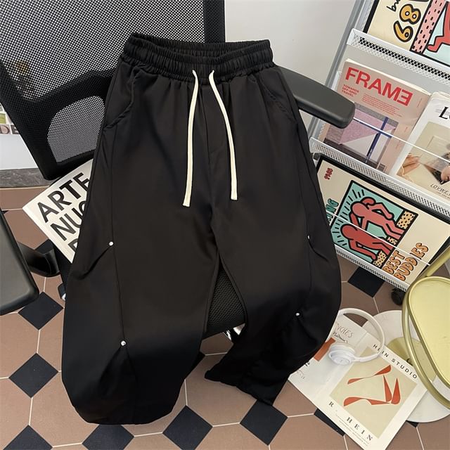 Lorencho-Drawstring Waist Plain Studded Panel Straight Leg Pants