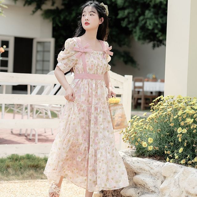 knee length dresses for ladies White/Blue Printed Bow Tiered Midi Dress