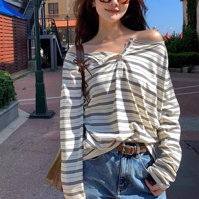 Alfie-Long-Sleeve Henley Striped Tee