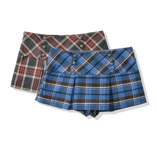 Faiar-Low Rise Plaid Pleated Mini A-Line Skort