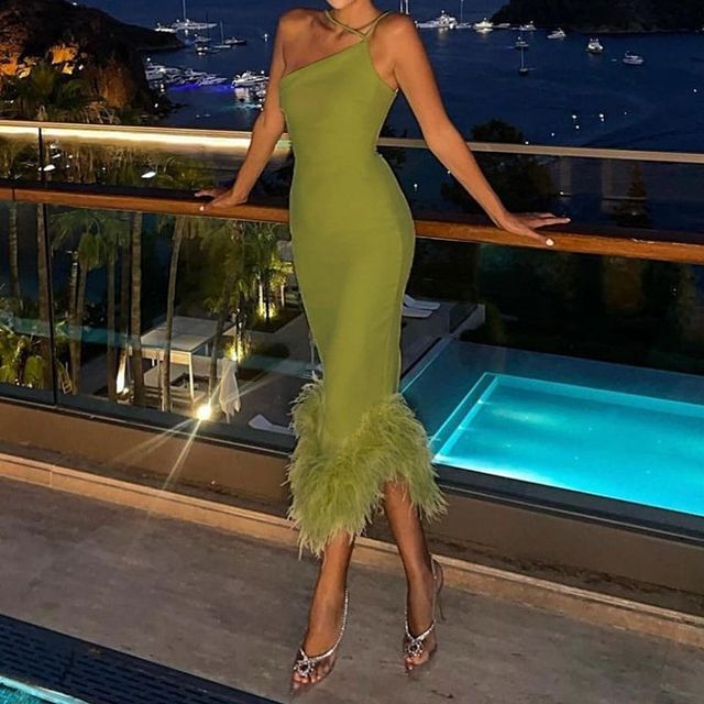 slim fit dress slacks Green 1960s Faux Fur Off-Shoulder Dress main image 0