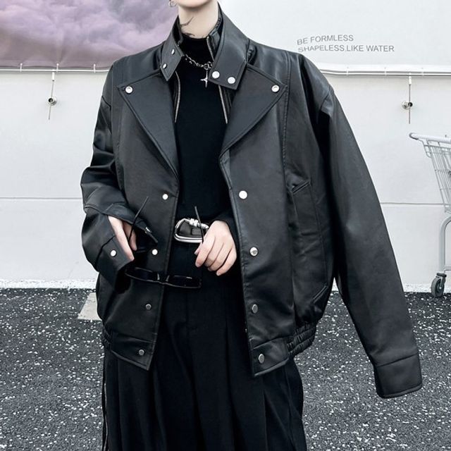 VEAZ-Lapel Faux Leather Biker Jacket