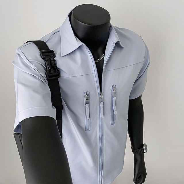 Plummie-Short Sleeve Collared Plain Zip Up Shirt