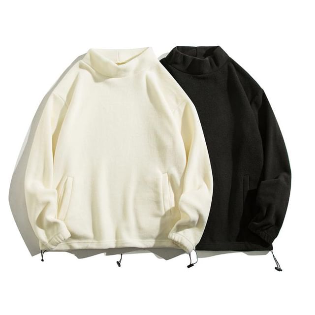 Yelmenor-Mock Neck Plain Drawstring Hem Fleece Sweatshirt