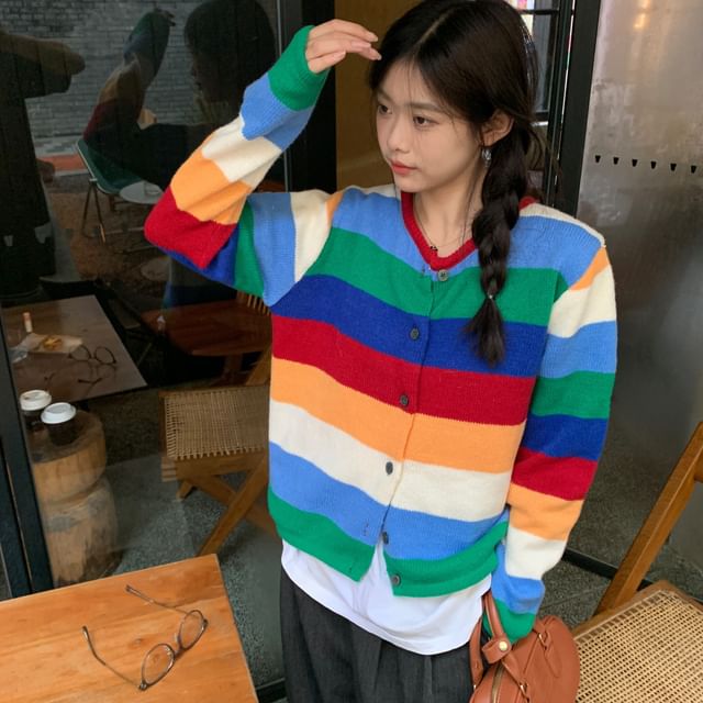 Beem-Crew Neck Rainbow Striped Button-Up Cardigan
