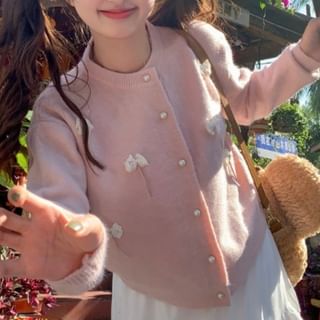 Closette-Round Neck Bowknot Detail Button Cardigan