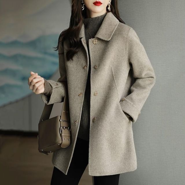 Jeonseon-Collared Plain Single Breasted Coat