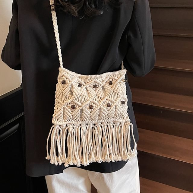 KOCORE-Bead Fringed Woven Crossbody Bag