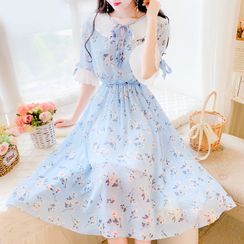 Petit Lace - Short-Sleeve Ruffled Floral Chiffon Dress Petit Lace - Short-Sleeve Ruffled Floral Chiffon Dress