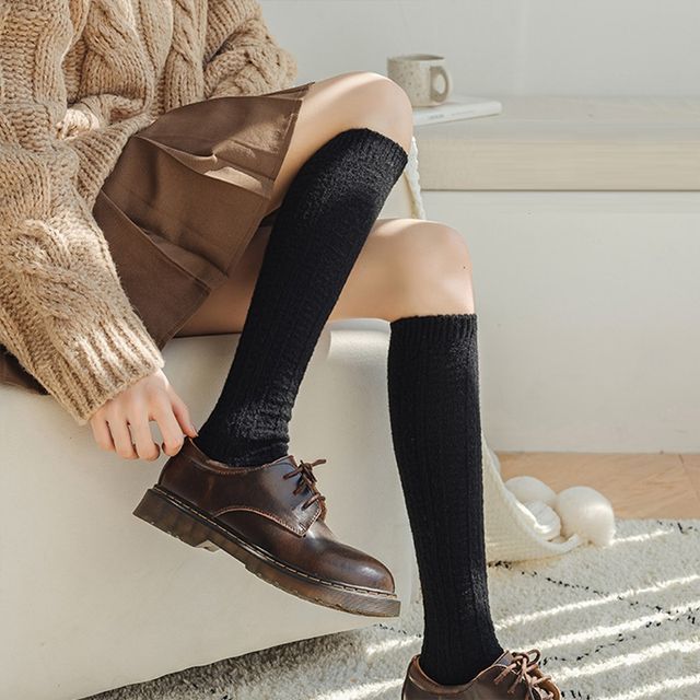 Mimiyu-Plain Ribbed Tall Socks Set
