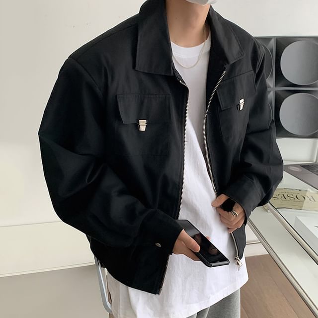 Phoneus-Collared Plain Zip-Up Cargo Jacket