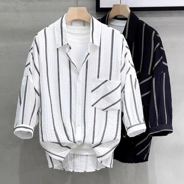 fluffush-Elbow-Sleeve Collared Striped Shirt